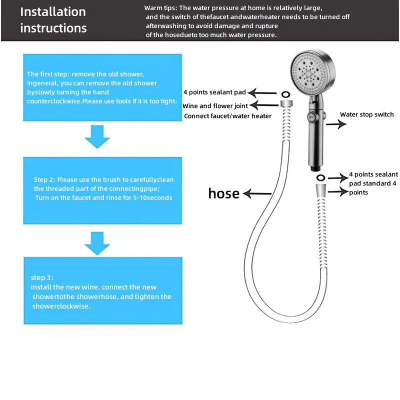 îmbunătățiți-vă experiența de duș 1 buc. stropitor manual multifuncțional de înaltă presiune cu 5 moduri 360 reglabil detașabil cap de duș cu jet de hidromasaj detalii întrerupător de pauză 9