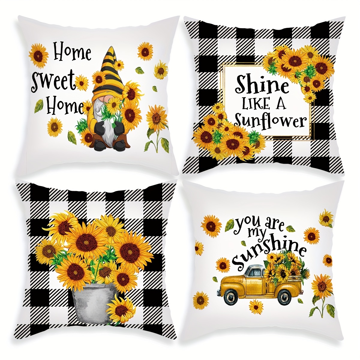 

4pcs Summer Sunflower English Letter Printed Throw Pillowcase, Pillow Cover For Bedroom Sofa Couch Car Home Decor, No Pillow Insert, 18*18in