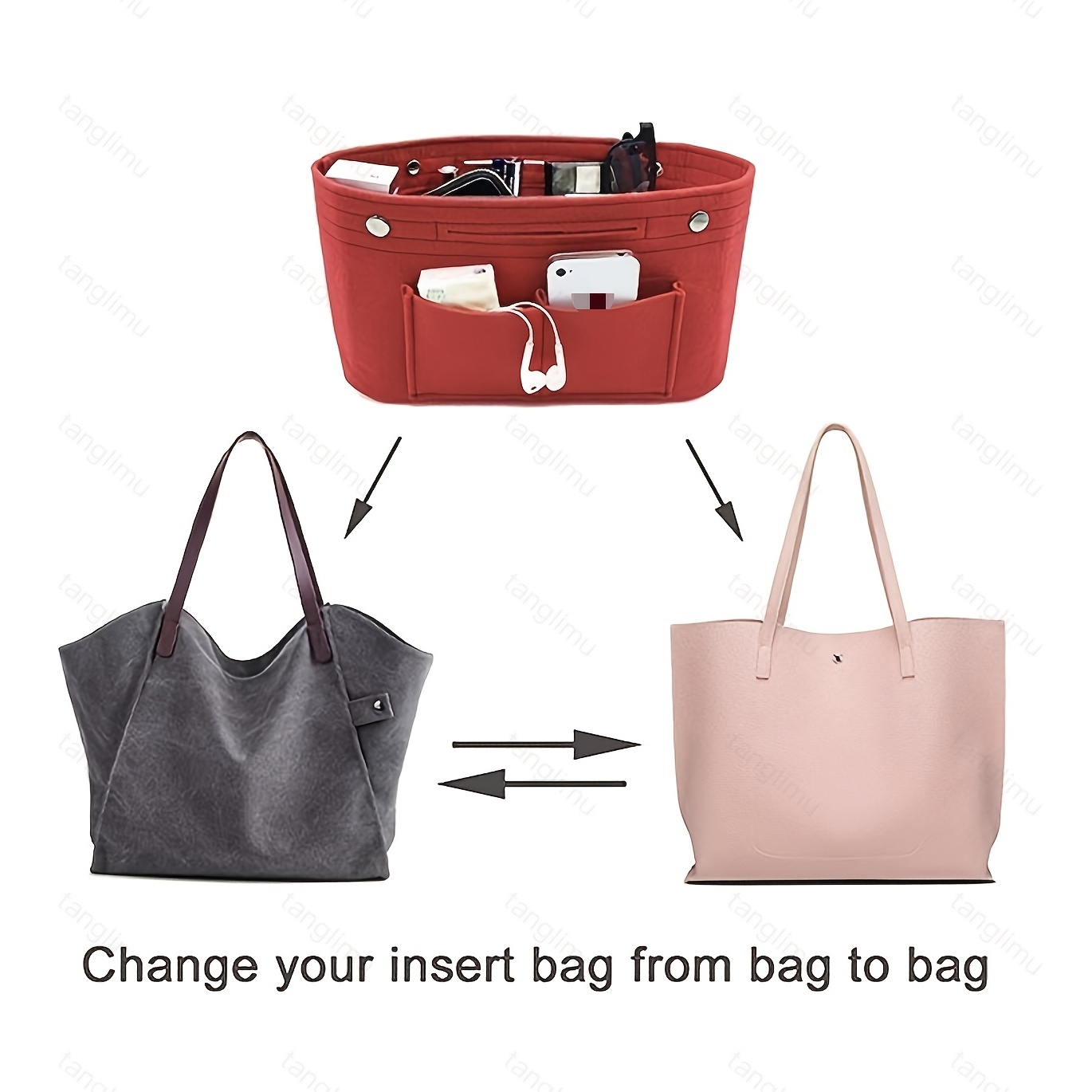 Spencer Purse Organizer Insert Bag in Bag Felt Fabric Handbag Tote
