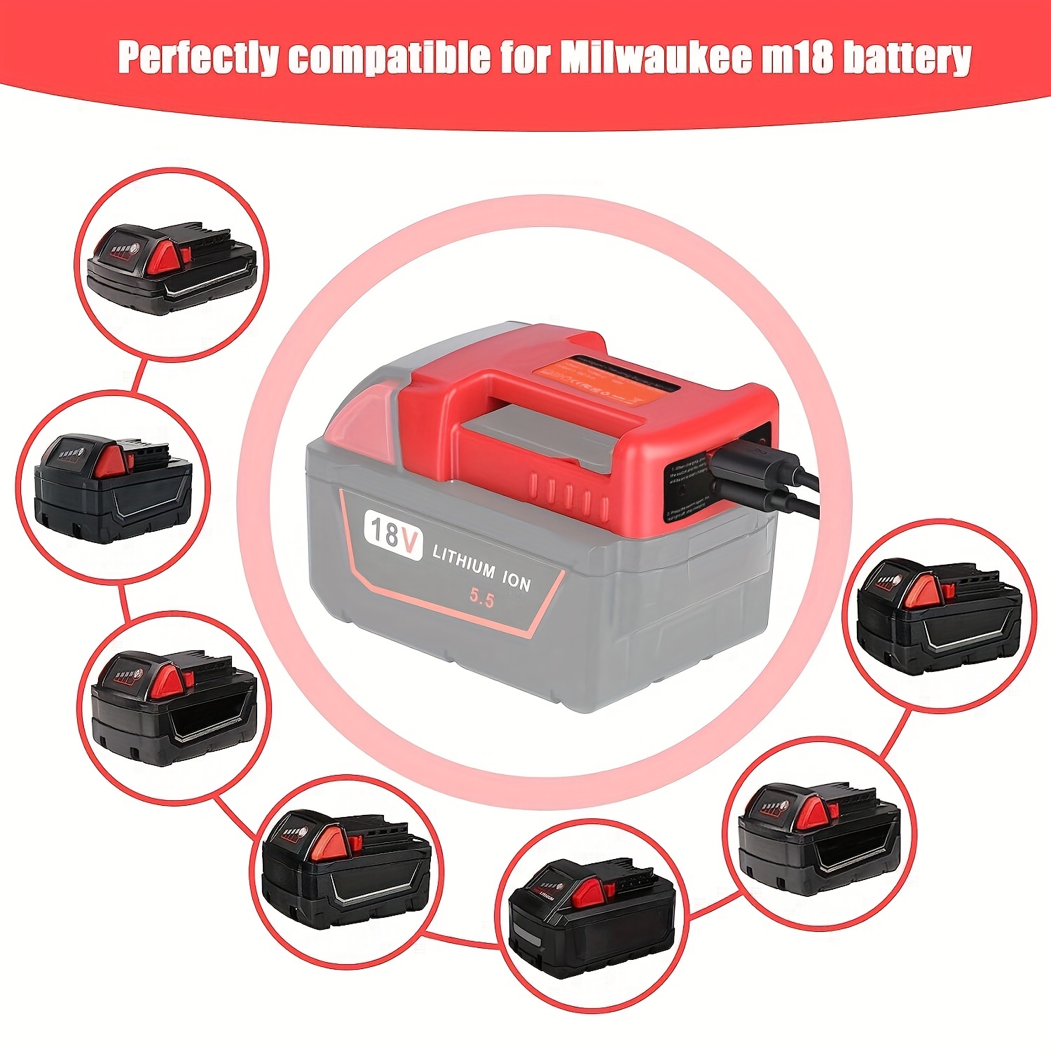 1 Adaptador De Cargador USB Compatible Con Batería Milwaukee M18 18V,  Puerto De Salida Dual Con Interfaz De Carga USB Y Tipo C