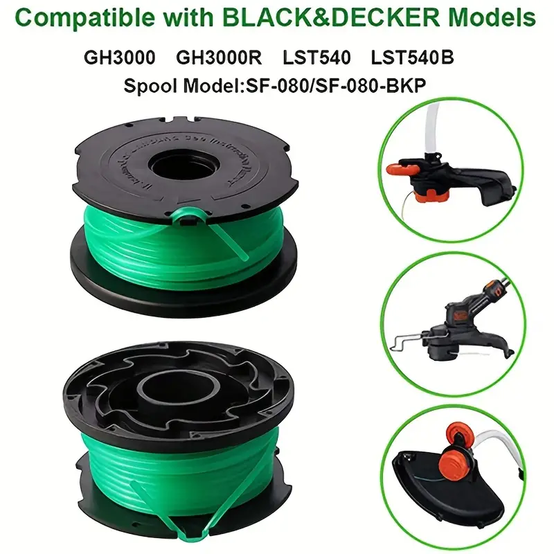 3pcs Autofeed String Trimmer Line Green Spool Weed Eater Line Fit for Sf-080 Black & Decker GH3000 GH3000R LST540 LST540B