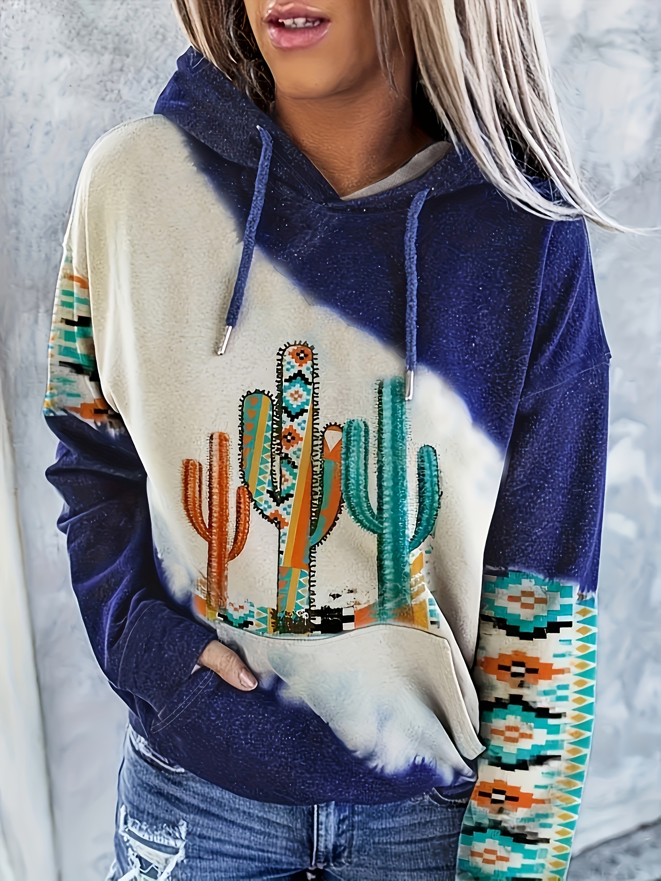 Cactus Aztec Print Kangaroo Pocket Hoodie Casual Long Sleeve Temu New Zealand