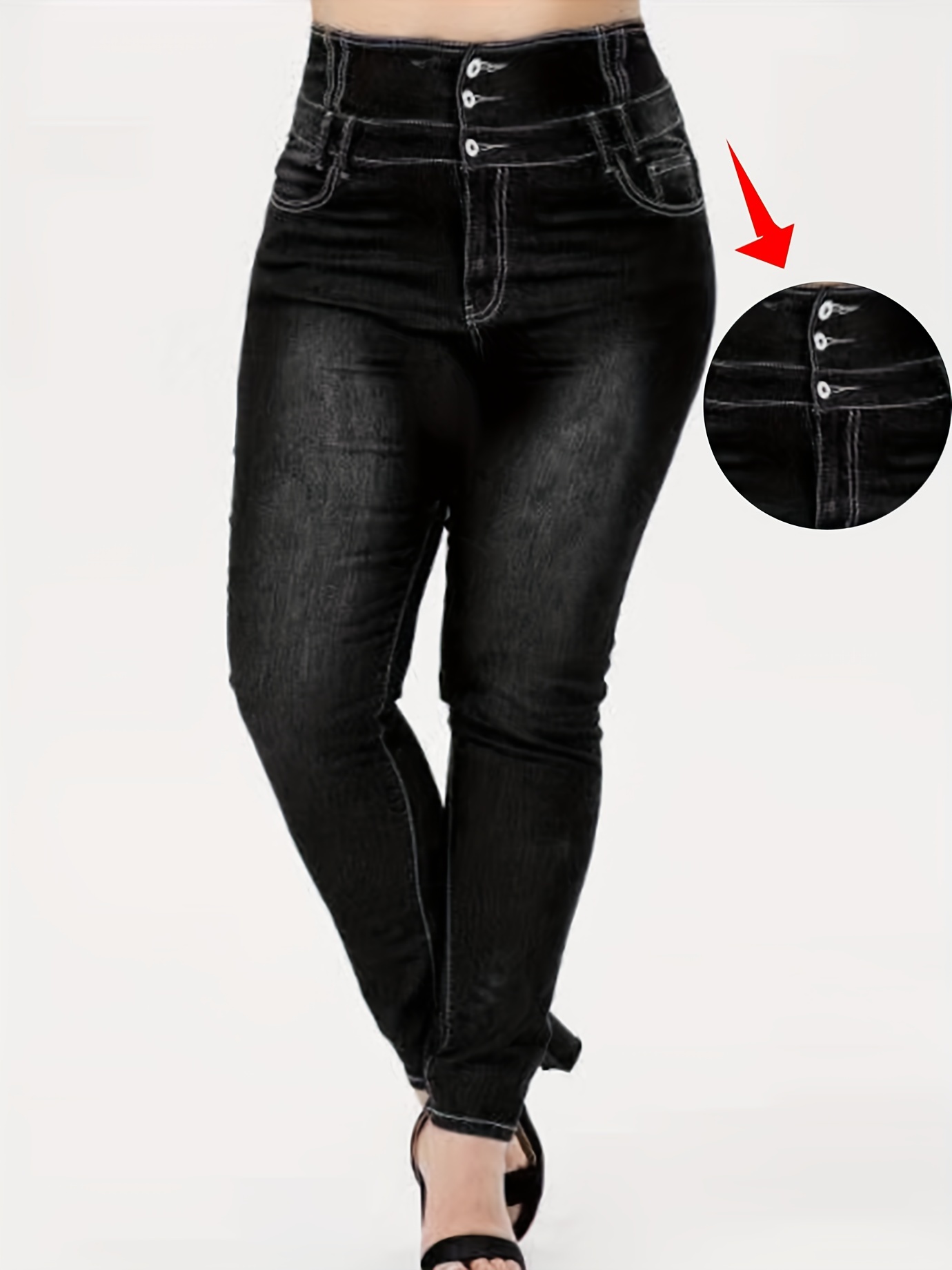 High Rise Button Fly Skinny Jeans Women's Plus Medium Stretch