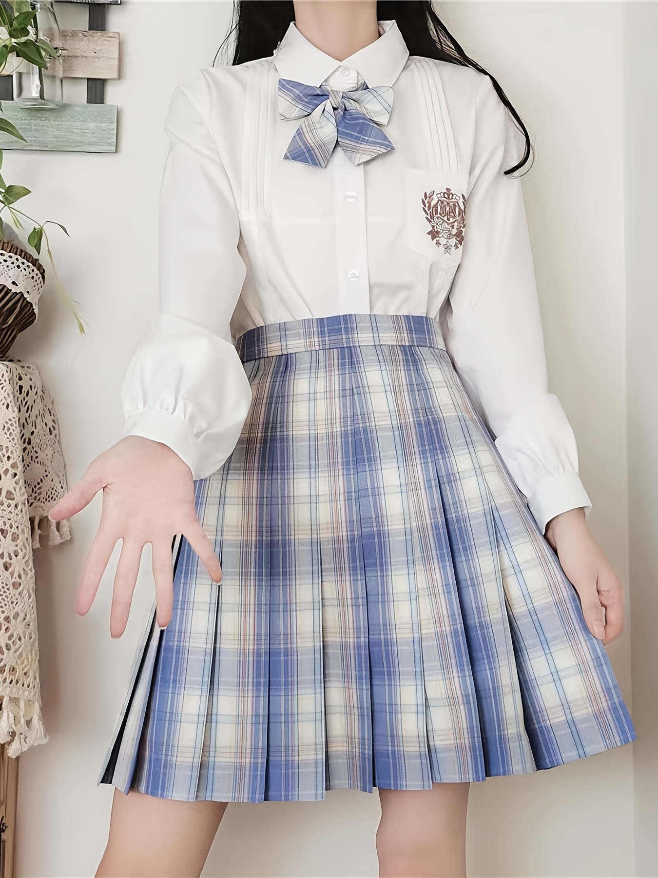 Plaid Pleated Skirt With Bow Tie Hair Tie Kawaii Japanese - Temu