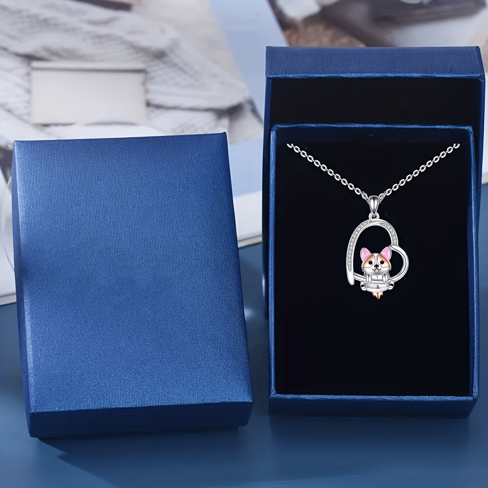 cartoon creative exquisite cute corgi rhinestone heart shaped pendant necklace, cartoon creative exquisite cute corgi rhinestone heart shaped pendant necklace decorative accessories holiday birthday graduation party gift for girls details 1