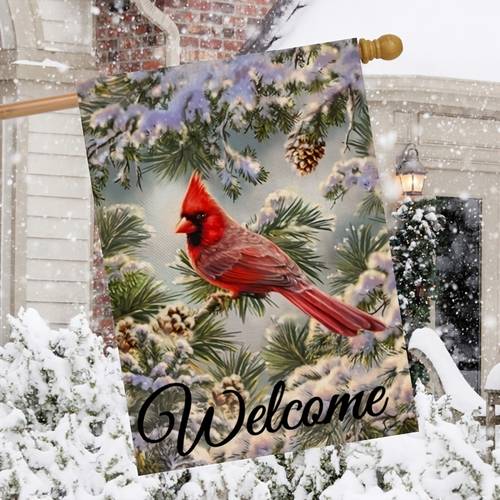 1pc welcome winter decorative cardinal small garden flag house yard outside red bird decor snowy pine tree branches christmas farmhouse home decorations seasonal outdoor decor double sided 12x18