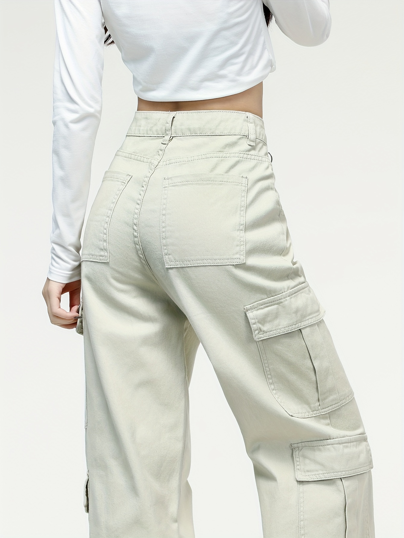 Light Yellow Flap Pocket Cargo Pants Loose High Waist - Temu