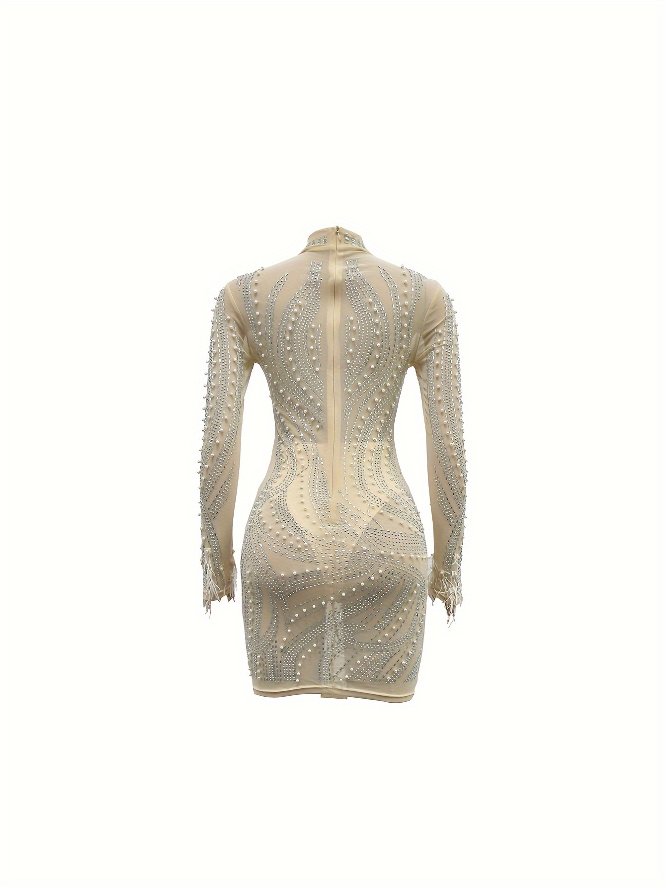 stylish womens mesh sheer crystal beaded long sleeve dress Temu