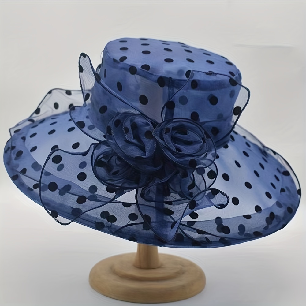 Polka Dot Organza Bucket Hat Wide Brim Elegant Lace Derby Hat Women Mesh Breathable Sun Hat Flower Church Hat Travel Beach Hats,Bowler Hat