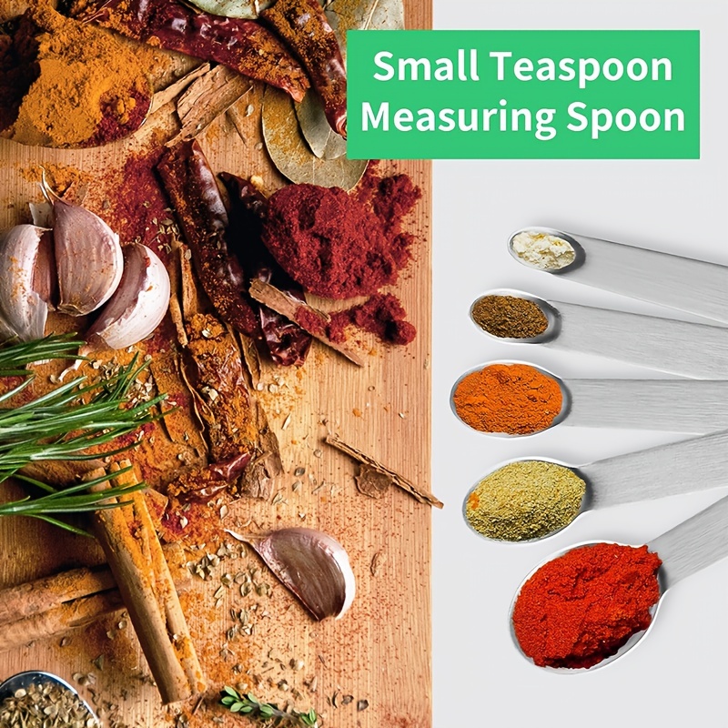 Measuring Spoons Set, Mini Spoon Tiny Spoon, Small spoons for Spice Jars,  1/8, 1/16, 1/32, 1/64 Teaspoon Measuring Spoon, 5 Tiny Mini Measuring Spoons,  18/8 Stainless Steel Measuring Spoons 