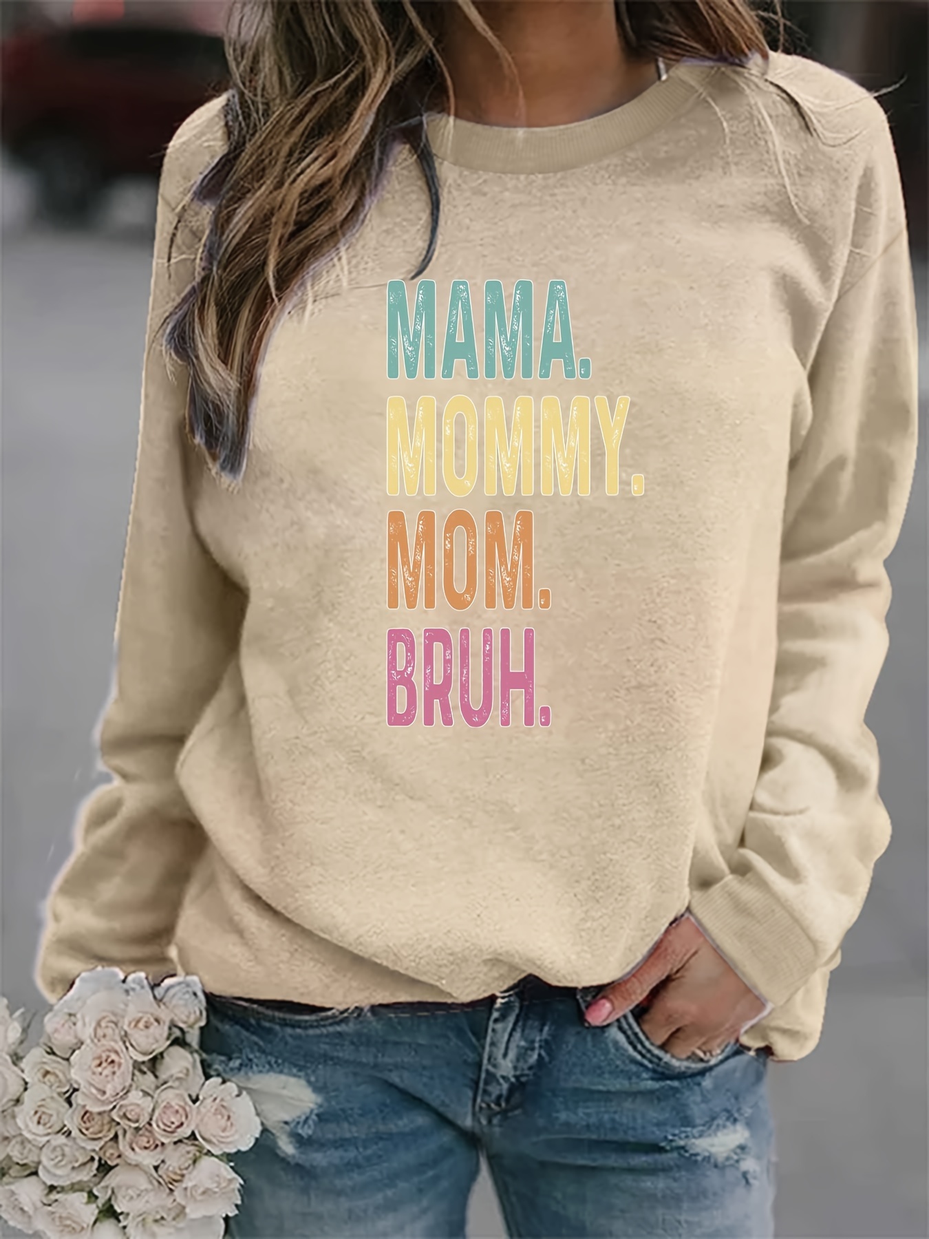 Mama Mommy Letter Print Sweatshirt Casual Long Sleeve Crew - Temu