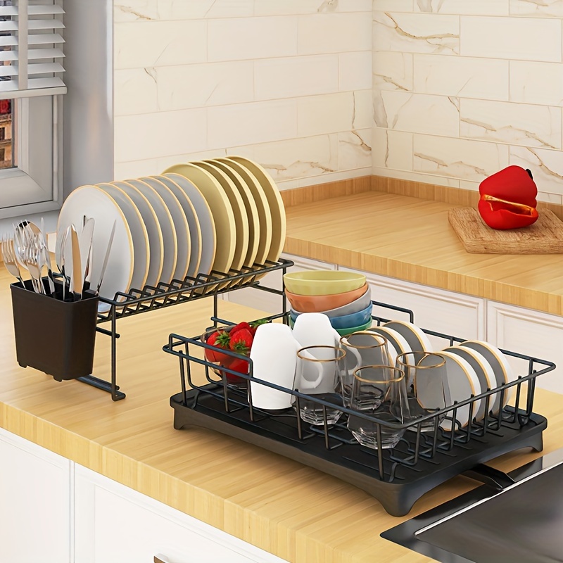 Égouttoir à vaisselle, égouttoir vaisselle métal à 2 niveaux avec  porte-couteau à ustensiles et porte-planche à découper, tapis d'égouttoir  en microfibre, egoutoire vaisselle cuisine rangement - Conforama