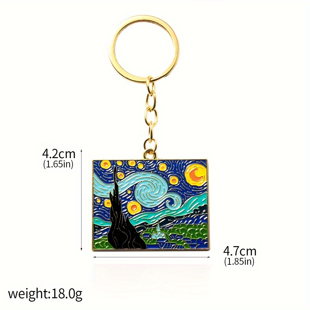 1pc Classic Retro Art Works Keychain For Men, Screaming Starry Sky Oil Painting Enamel Keychain