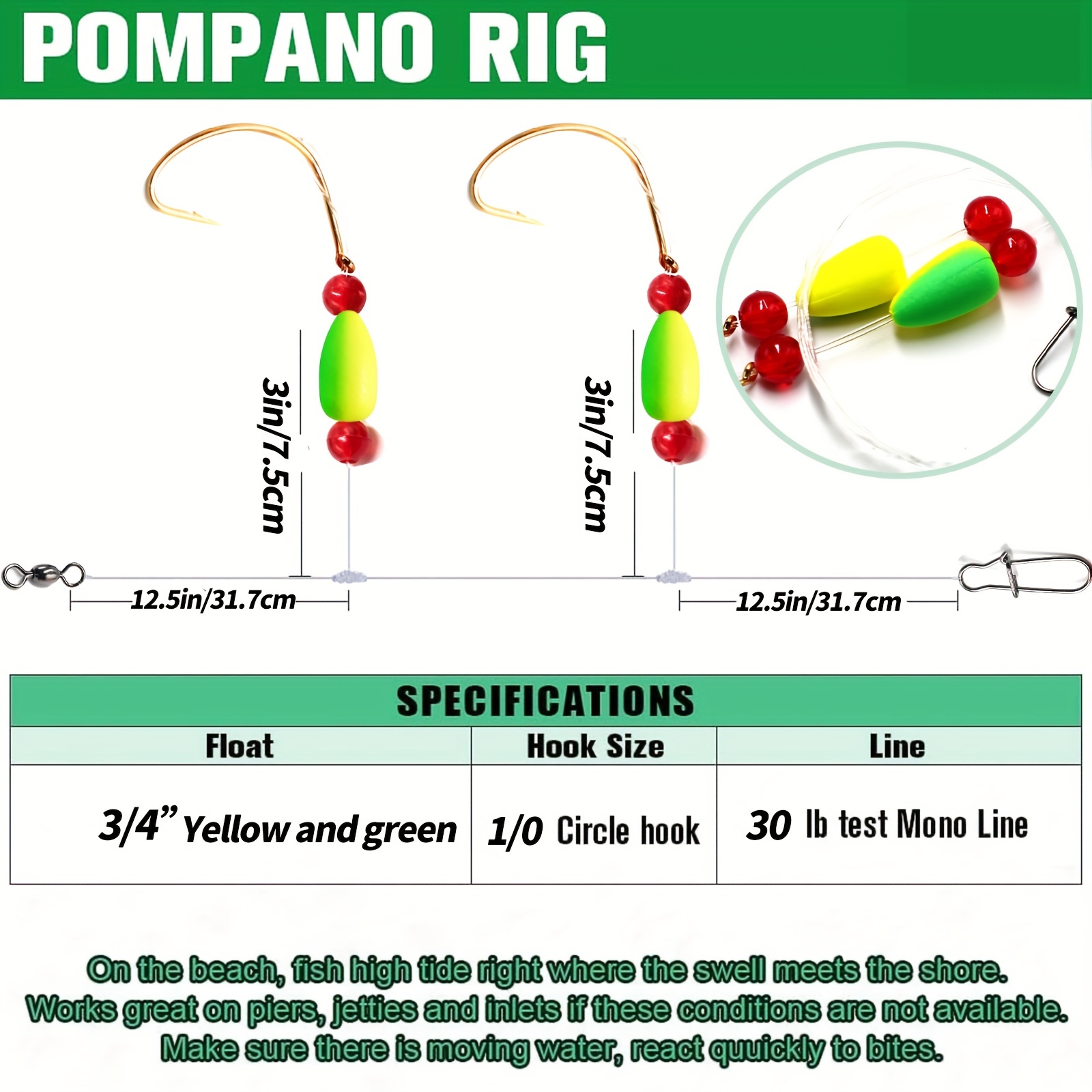 Tackle Crafters Pompano Rigs For Surf Fishing, Whiting Rigs - Pack Of 12 Pompano Bait, Surf Fishing Rigs - Double Drops Pompano Rig