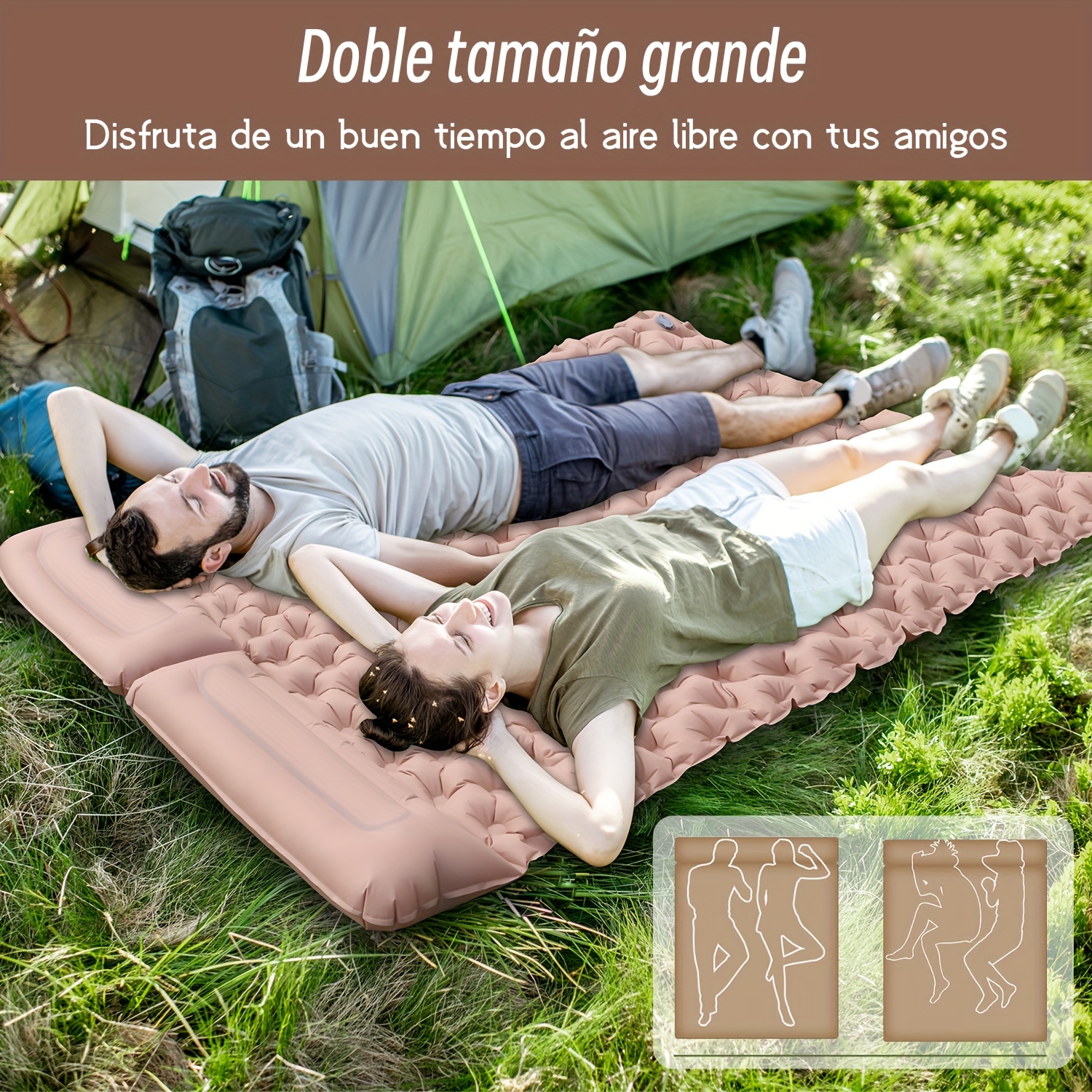 Colchoneta de dormir doble para acampar, colchoneta inflable ultraligera  con almohada, almohadilla de campamento para 2 personas con bomba de pie