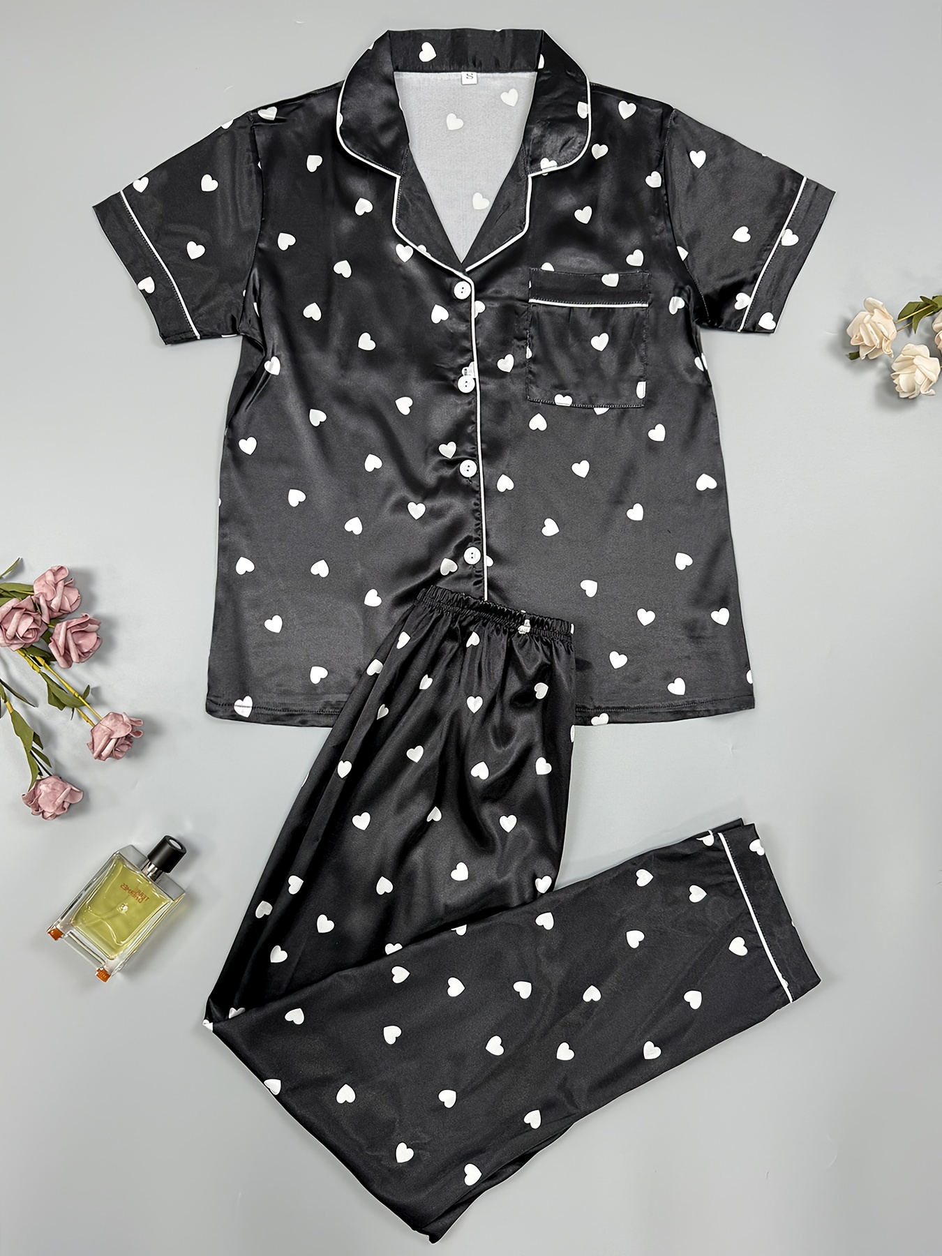 Heart Print Satin Pajama Set Comfort Short Sleeve Pocket - Temu