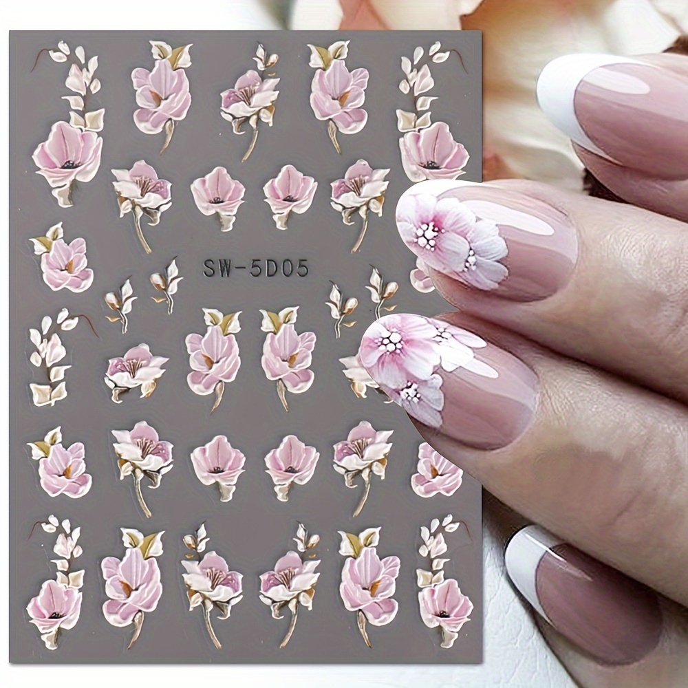 

4pcs 5d Embossed Floral Nail Art Stickers - & Designs, Self-adhesive, Sparkle For Easy Diy , , Nail Stickers