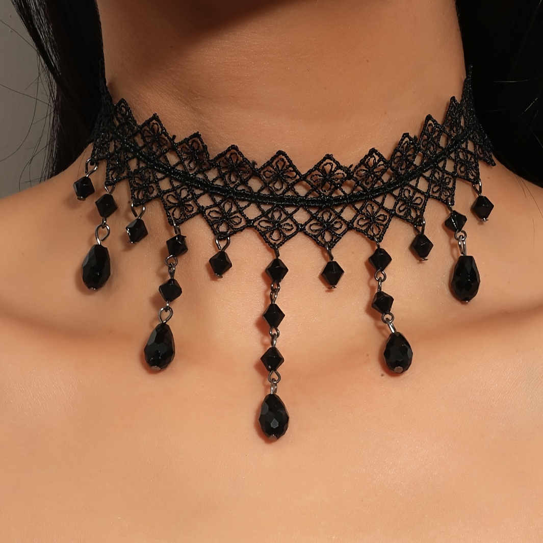 

Gothic Black Rhombus Lace Black Crystal Water Drop Shape Pendant Necklace Choker Women's Vacation Travel Prom Party Halloween Daily Decor Necklace