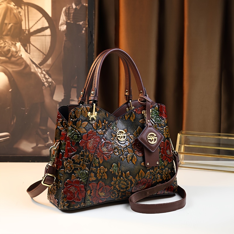 

Vintage Flower Pattern Handbag, Luxury Pu Leather Tote Bag, Fashion Crossbody Bag For Women