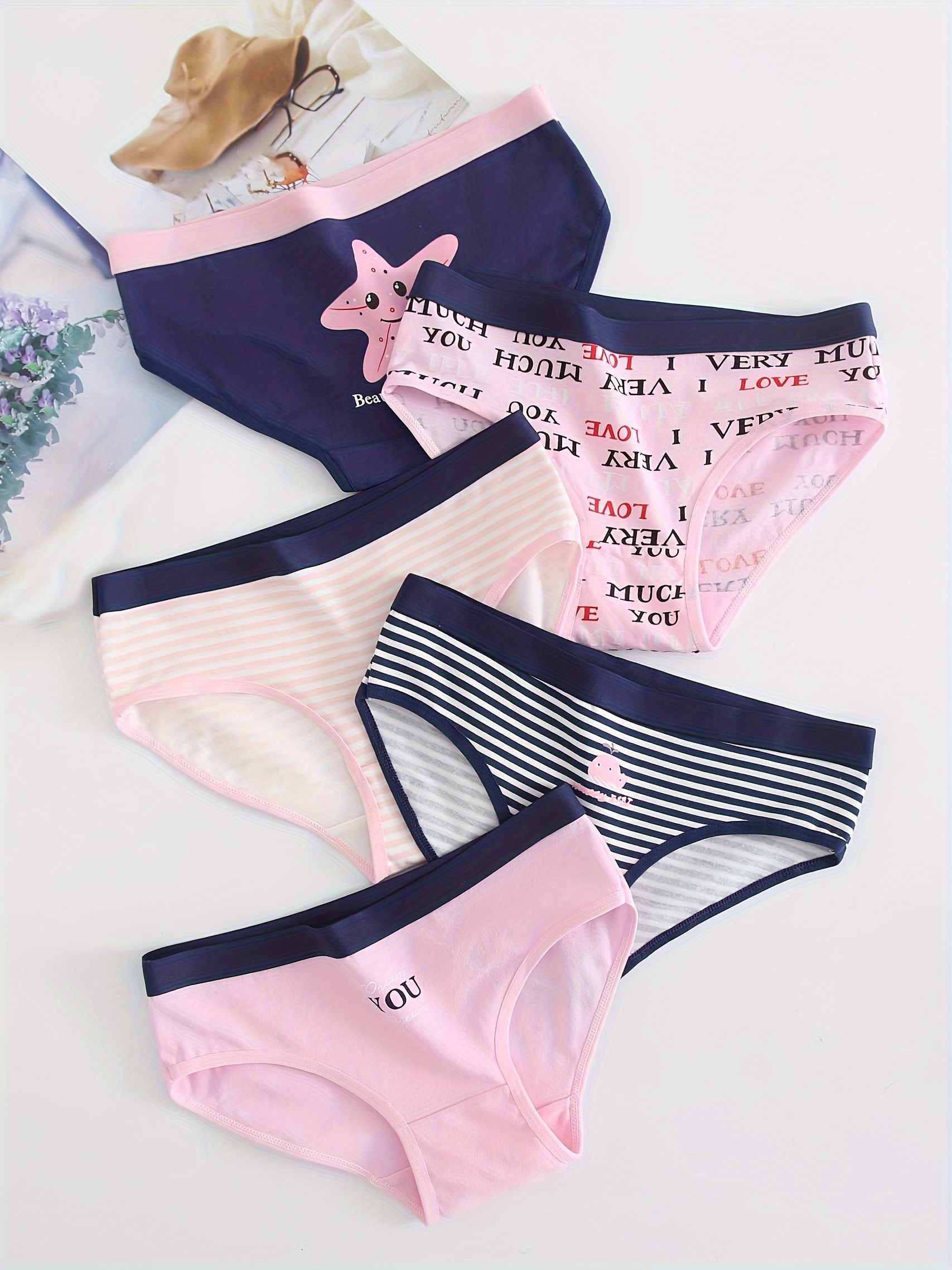 5pcs Heart Print Briefs, Comfy & Cute Bow Tie Intimates Panties, Women's  Lingerie & Underwear