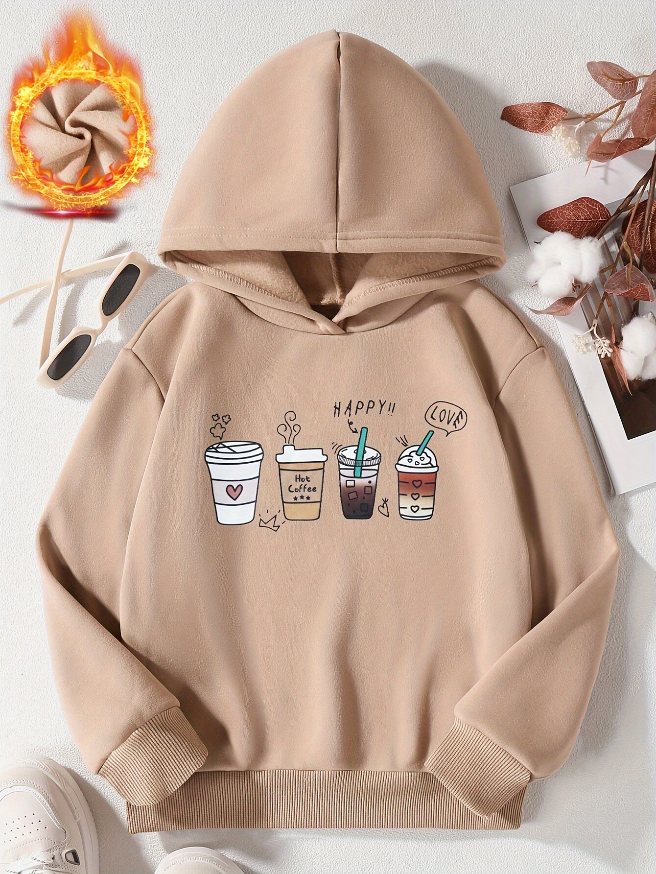 teen girls cartoon coffee drinks graphic thermal lined hoodie sweatshirt trendy comfy warm sweaters for daily holiday