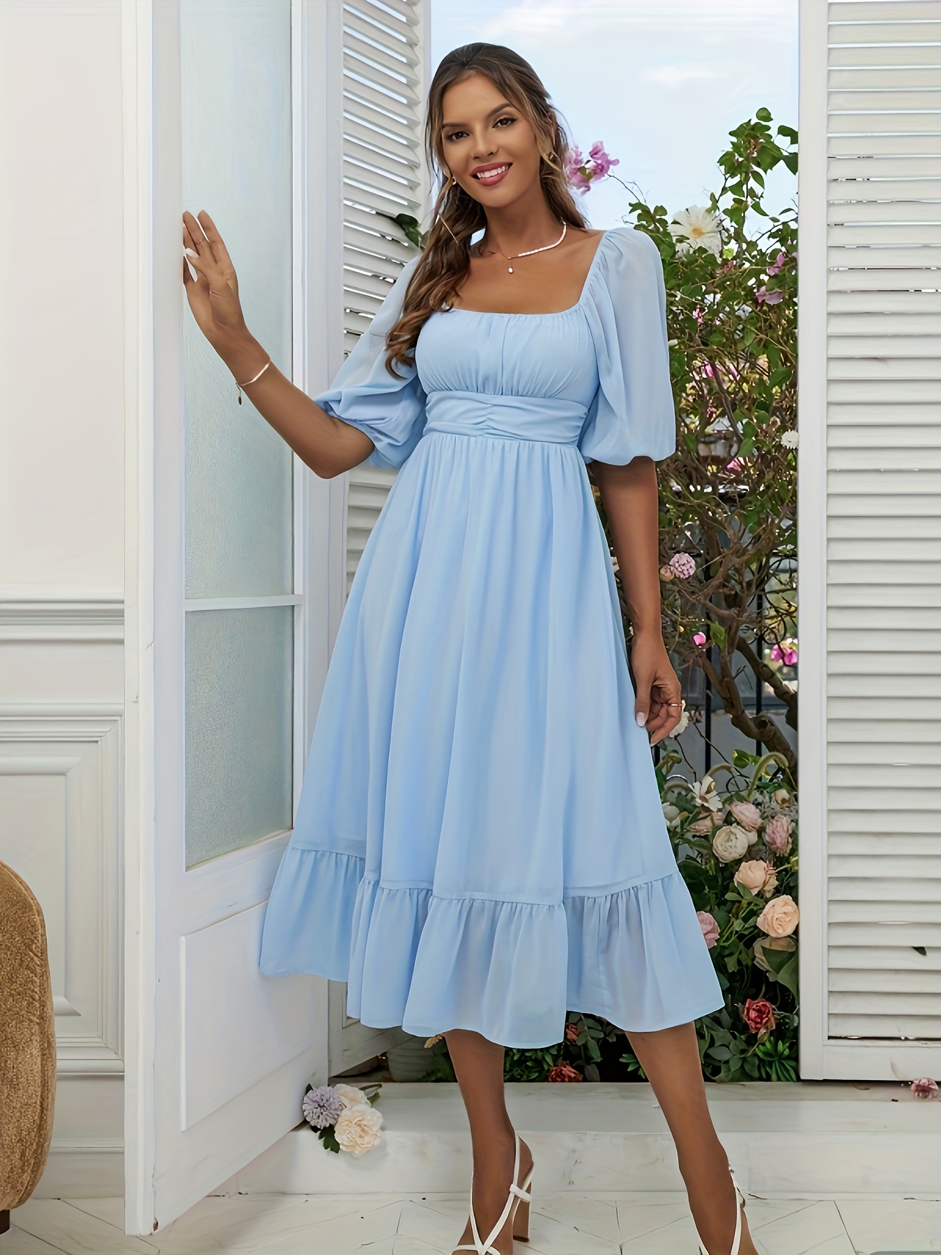 Square Neck Ruffle Trim Midi Dress - Women's Sleeveless Floral Print  Dresses - Blue - Dresses