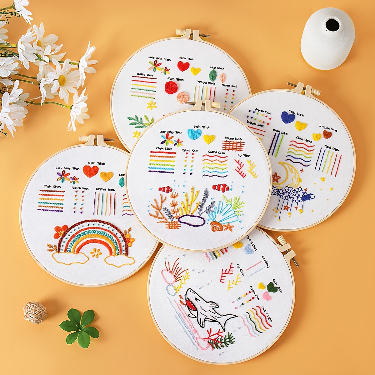  Embroidery Kit for Beginners,Cross Stitch Kits for Adults DIY  Craft 3pcs Embroidery Pattern Needlework Fabric Embroidery Thread and  Needles 1pcs Embroidery Hoop Adult Stitch Stuff Sewing Kit Gift