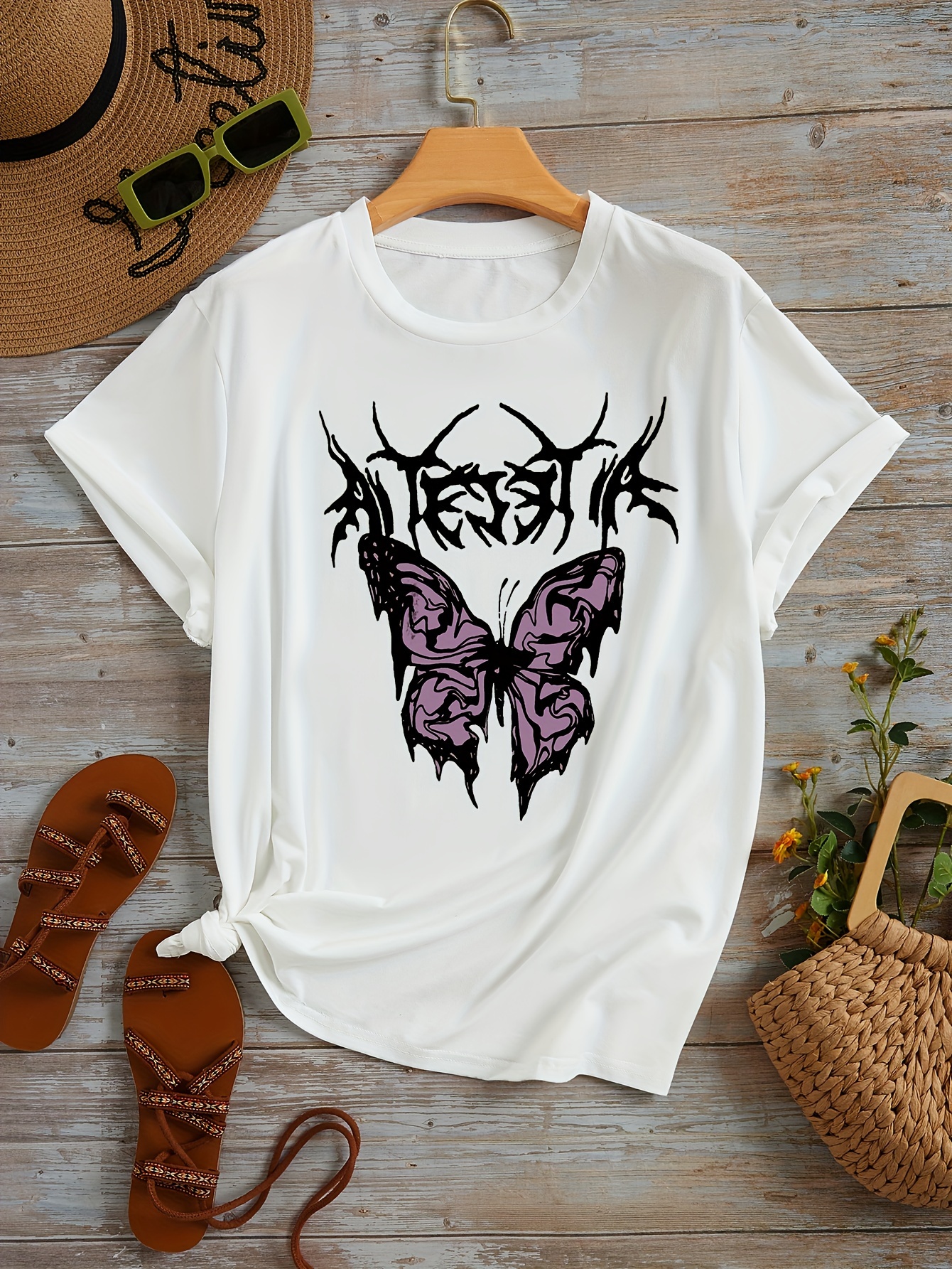 Butterfly Print Crew Neck T shirt Casual Short Sleeve Top - Temu
