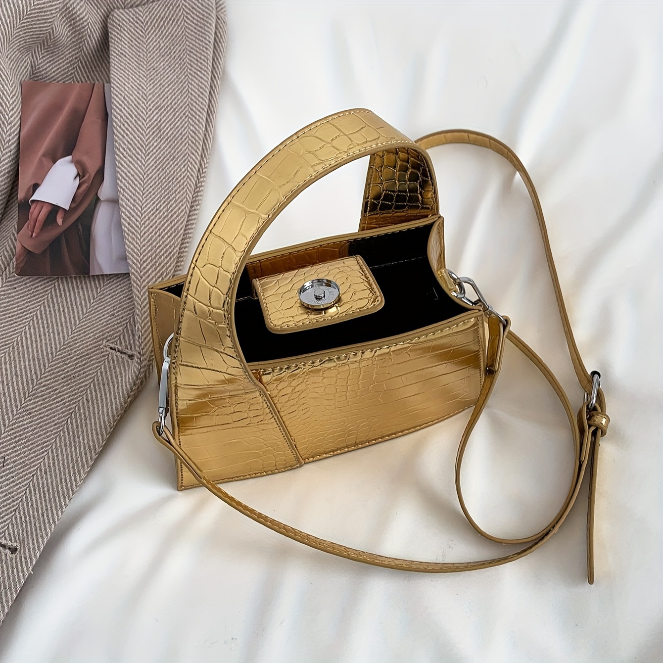 Luxurious Crocodile Print Synthetic Leather Handbag for Women - Golden Animal Print, Snap Button Closure, Synthetic Lining, Perfect for Formal & Casual Occasions
