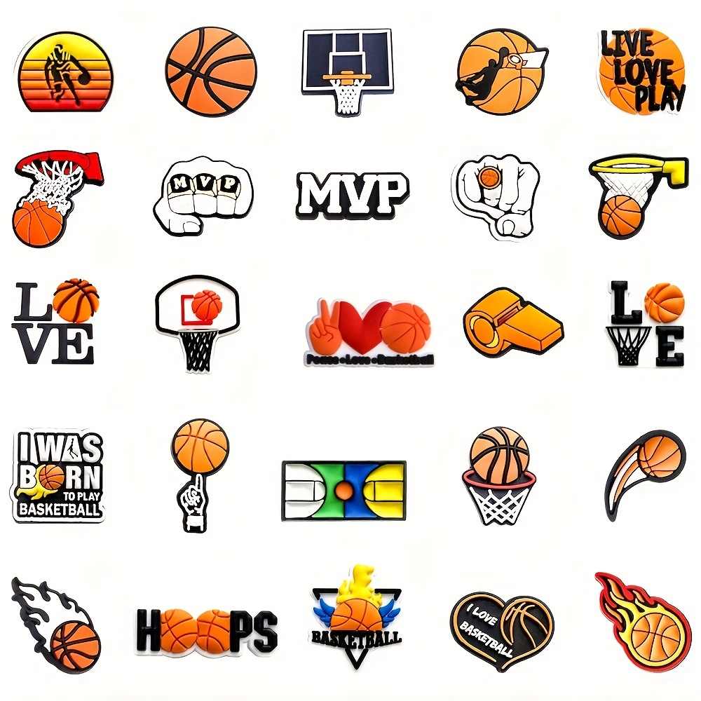 16pcs Sports PVC Ribbon Balls Cheer Basketball Cartoon Shoe Charms for Clogs Sandal Decoration, DIY Accessories,Temu