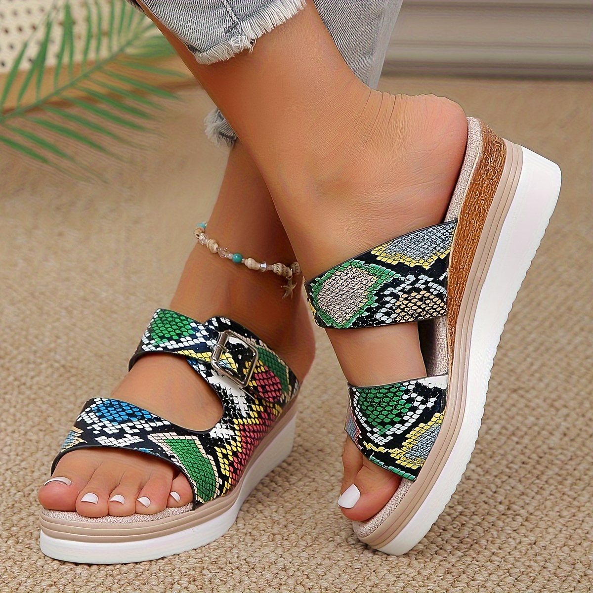 Women's Snakeskin Pattern Sandals Belt Platform Slip On Slides, Summer  Wedge Beach Slides