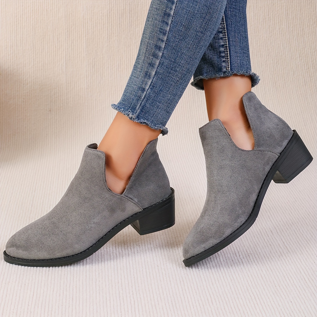 Women's Chunky Heel Short Boots, Causal Cutout Design Solid Color Boots,  Comfortable Ankle Boots