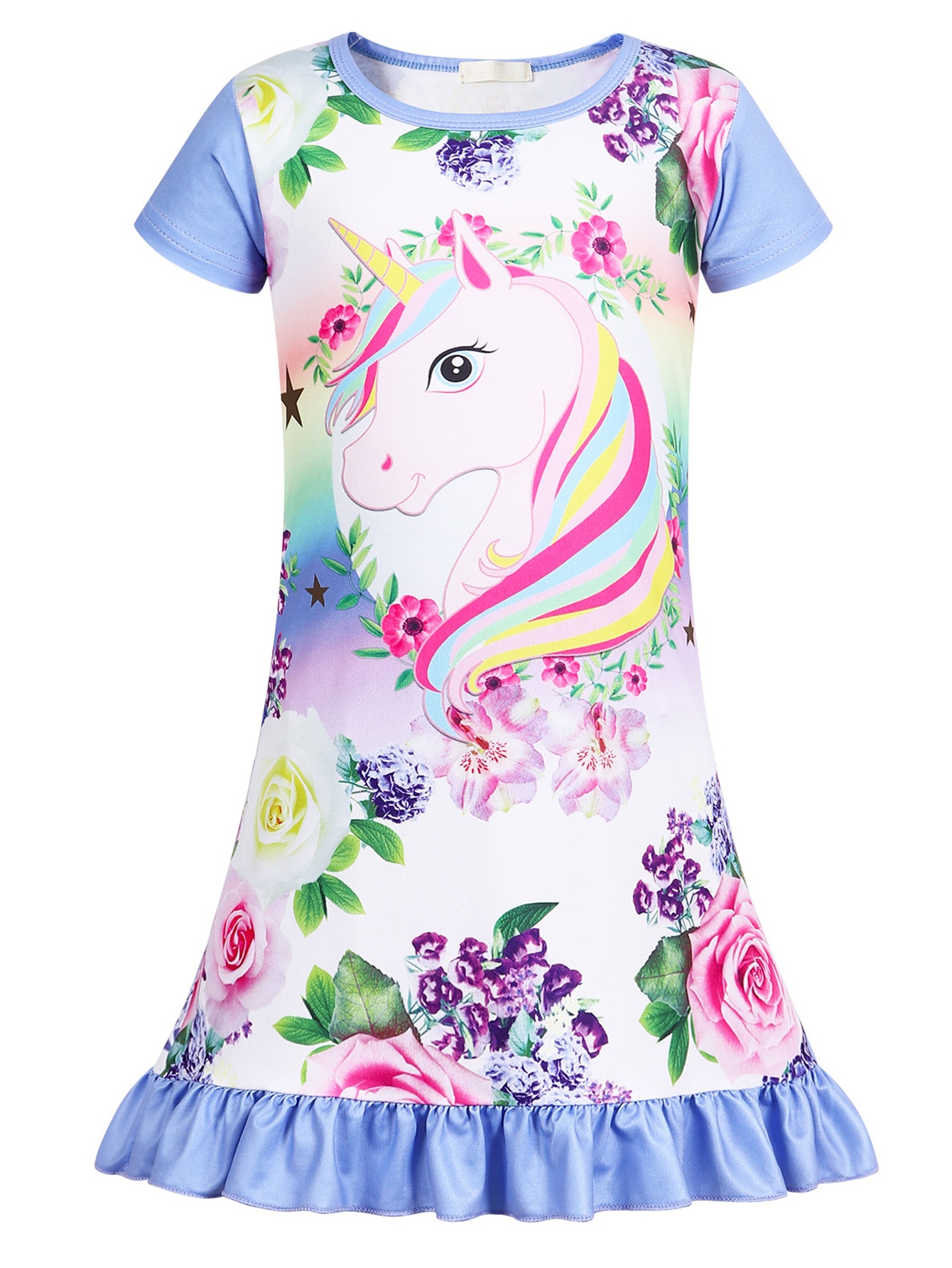 girls unicorn print nightdress kids short sleeve ruffle hem nightgowns sleepwear pajama dresses kids summer clothes details 26
