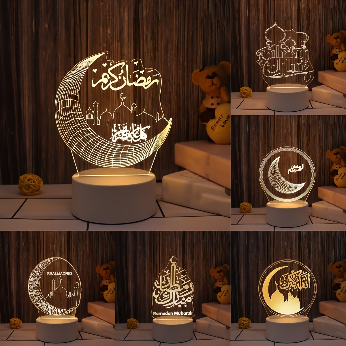 2pcs 2024 Acrylic Led 3d Night Light Eid Mubarak Decor Ornament