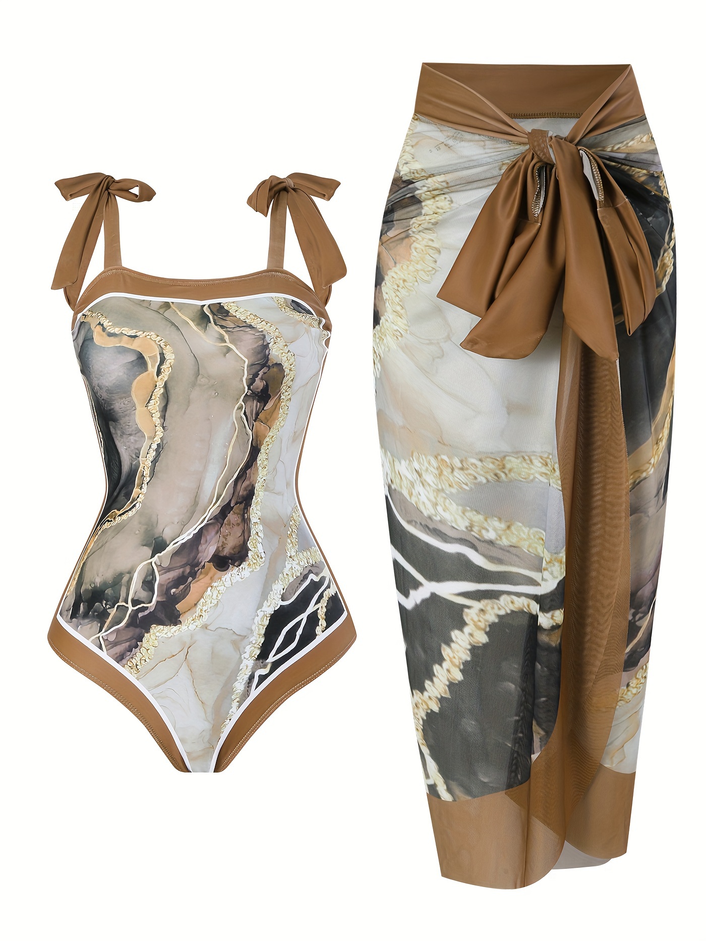 Brown Marble Print Swimsuits Tie Shoulder Stretchy - Temu