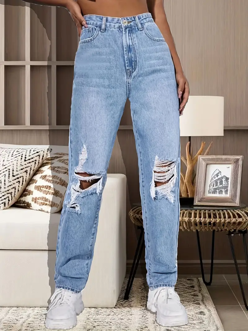 Ripped High Rise Light Wash Blue Denim Pants, Distressed Ripped-butt Loose  Tapered Jeans, Women's Denim Jeans & Clothing - Temu United Arab Emirates