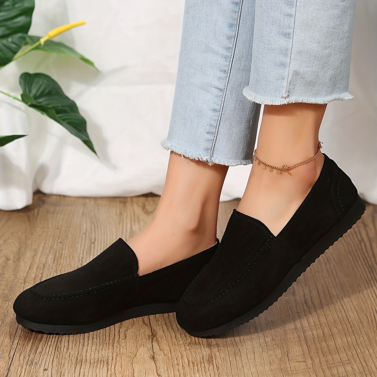 Women's Black Round Toe Flat Loafers, Comfy Soft Slip On Walking Shoes, Casual Low Top - Temu