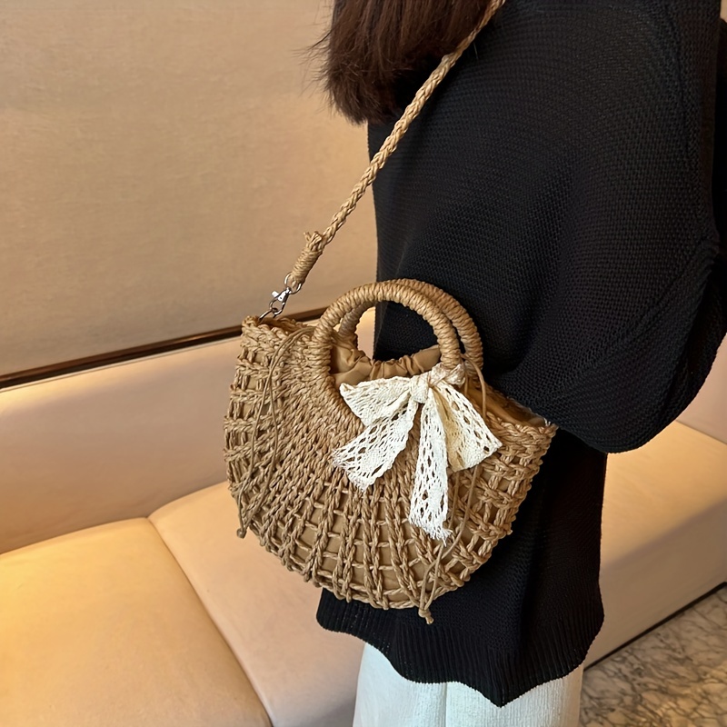 Bow Decor Straw Bag, Summer Beach Handbag, Women's Rattan Woven