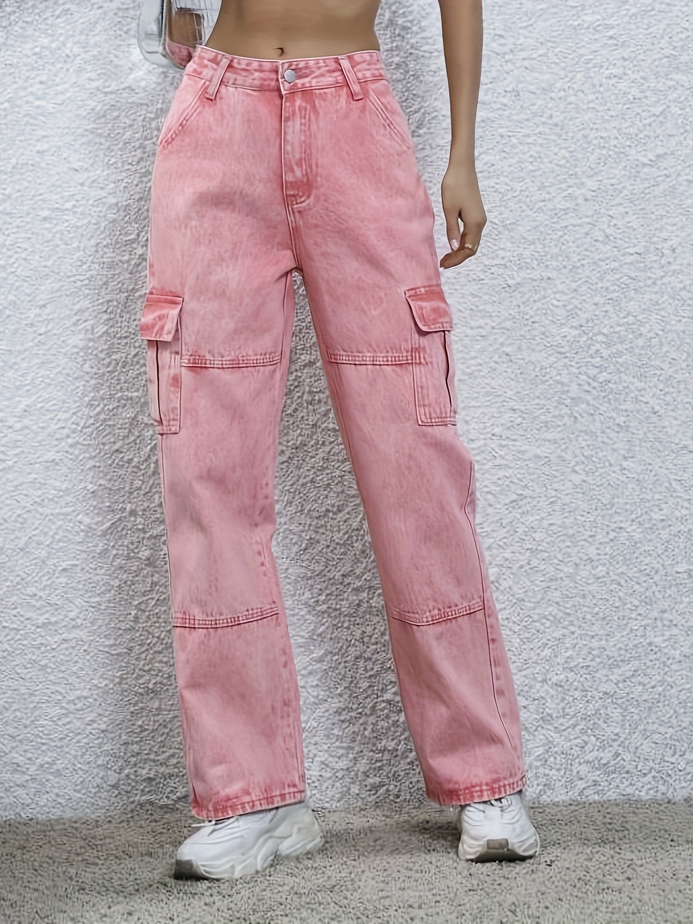 Multi pocket Solid Color Cargo Jeans Side Flap Pocket High - Temu Canada