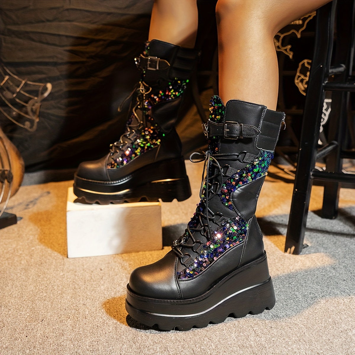 Women's Gothic Style Platform Boots Fashion Square Toe Back - Temu