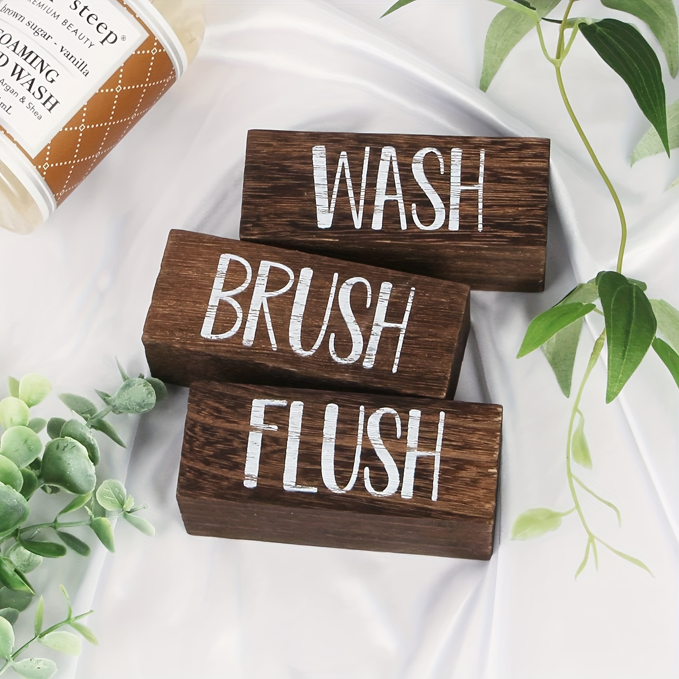  Athena's Elements Farmhouse Bathroom Wall Decor Wash, Brush,  Floss, Flush Sign Modern Rustic Style Home Decoration Solid Wood Frame 32 x  7 inches or 15 x 15 inches (Set of 4): Posters & Prints