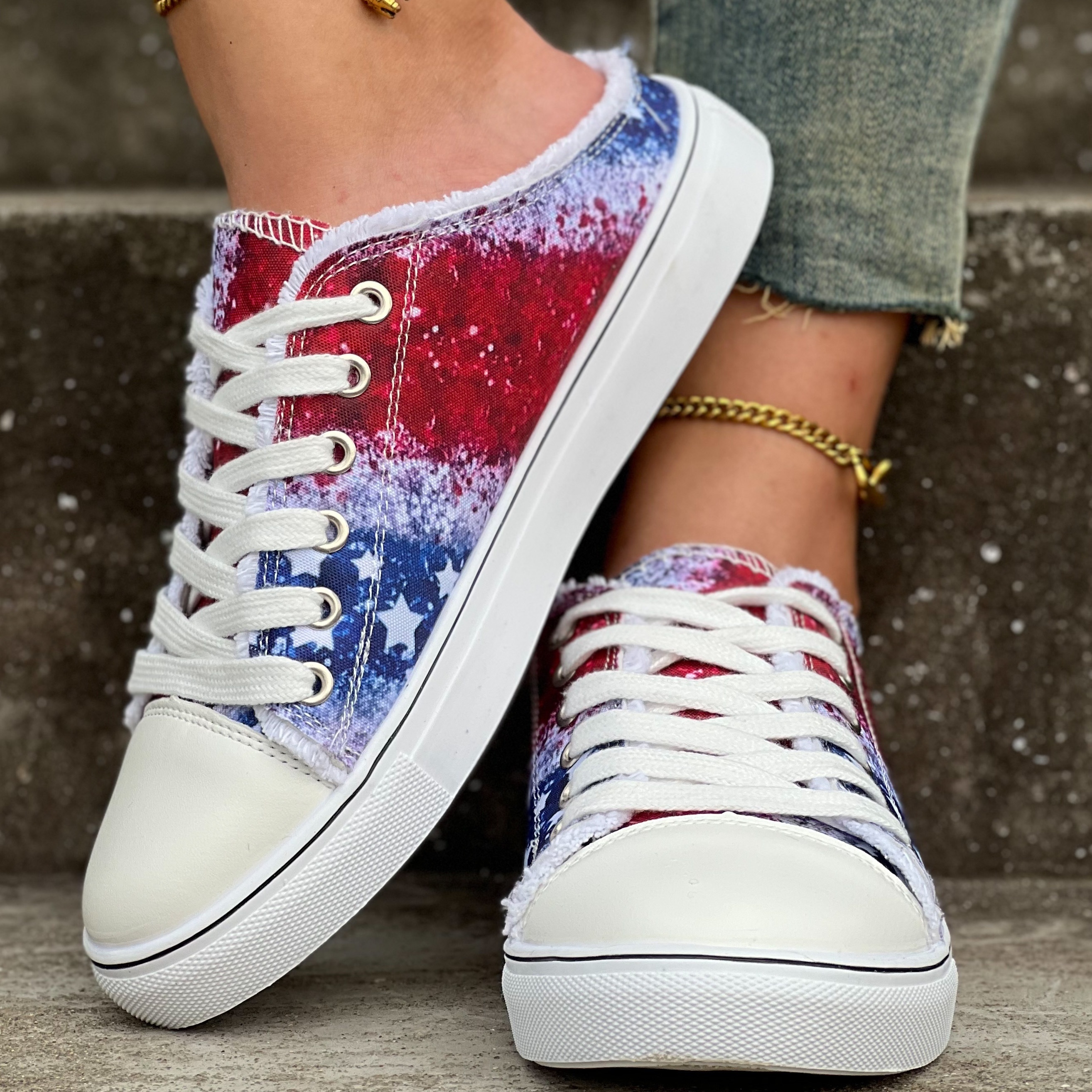 Women's Glitter Rainbow Print Canvas Shoes, Stylish Lace Up Outdoor Shoes,  Comfortable Low Top Sneakers