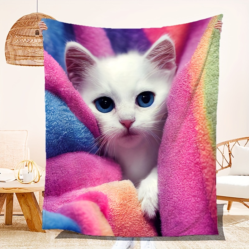 1pc Throw Blanket For Cat Lover, White Quilt For Sleeping Cute Kitten Print  Blanket Flannel Fleece Throw Blanket, Super Soft Cozy Blanket For Birthday