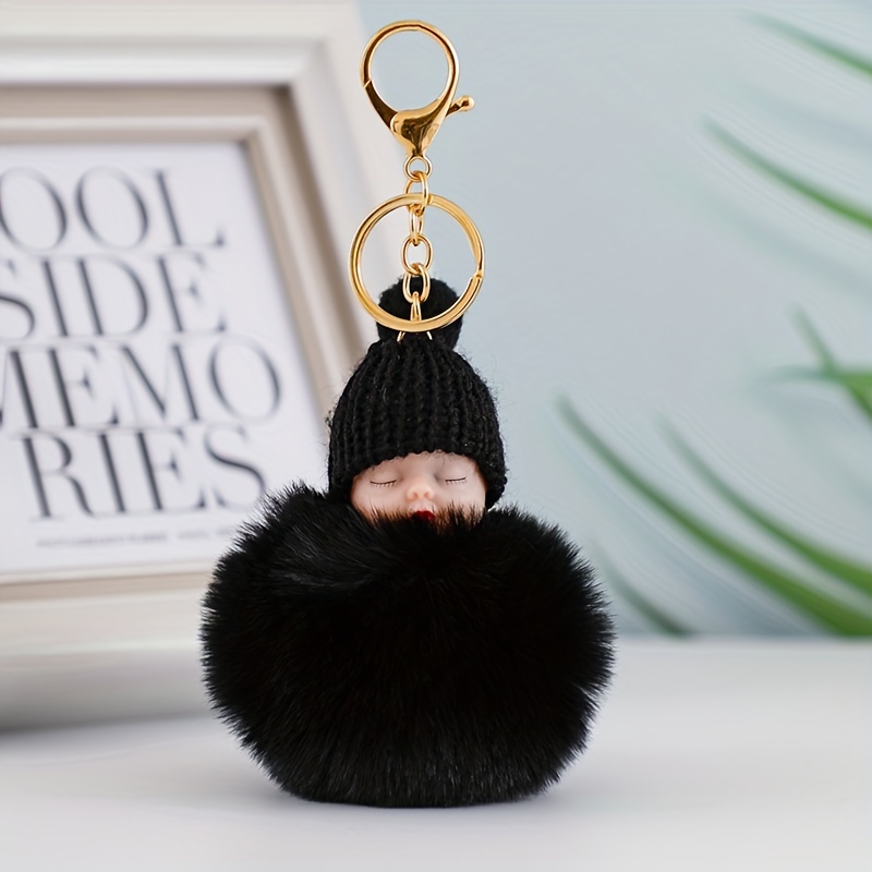 Touchy Style Cute Sleeping Doll Fur Key Chain Car Keychain Pom-Pom Curly Hair Doll Plush Ball Doll Bag Charm Cute Car Key Ring Jewelry Gray / 13 cm
