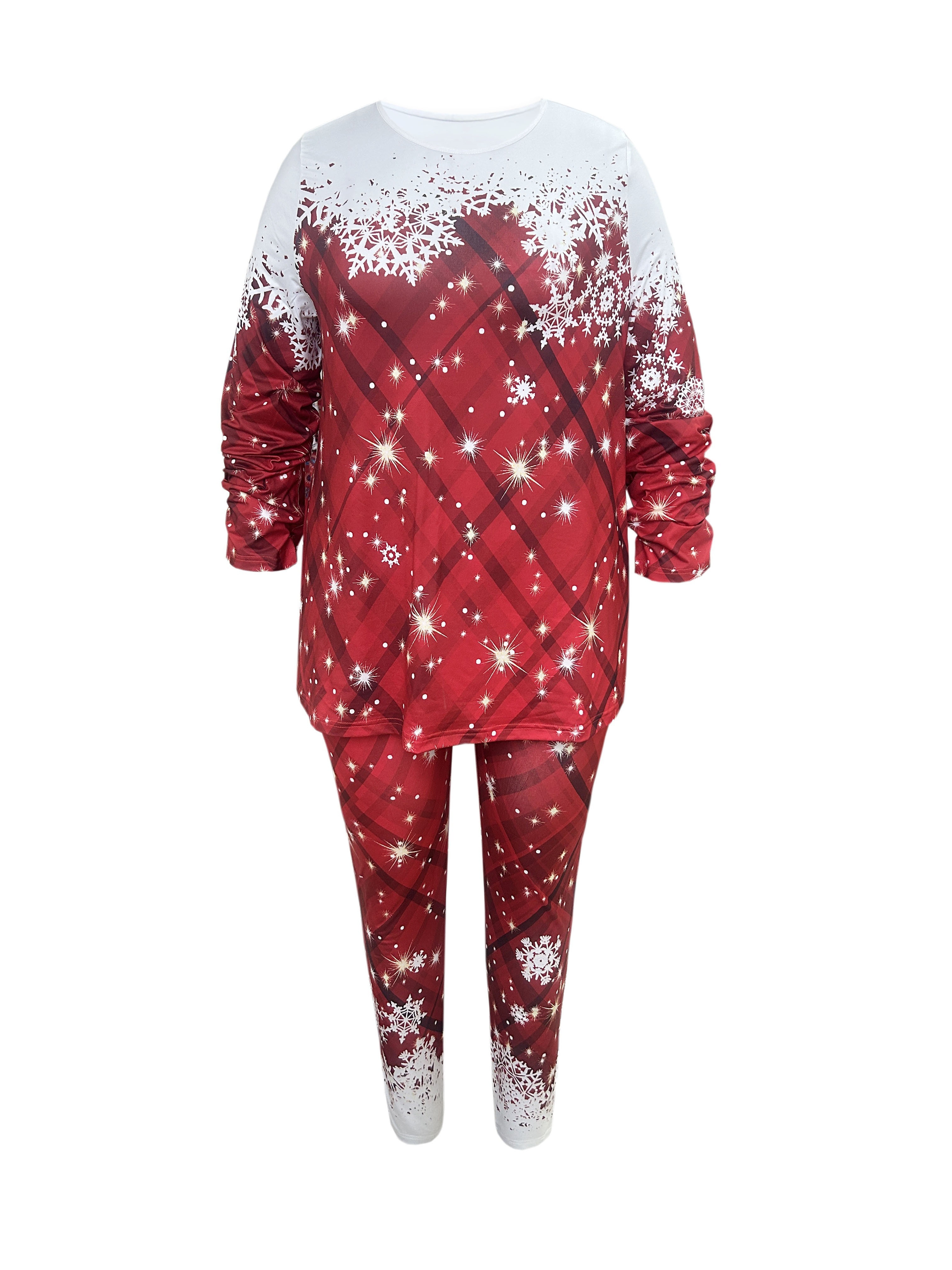 Plus Size Christmas Outfits Set, Women's Plus Plaid & Snowflake Print Long  Sleeve Round Neck Top & Tummy Control Leggings Outfits Two Piece Set