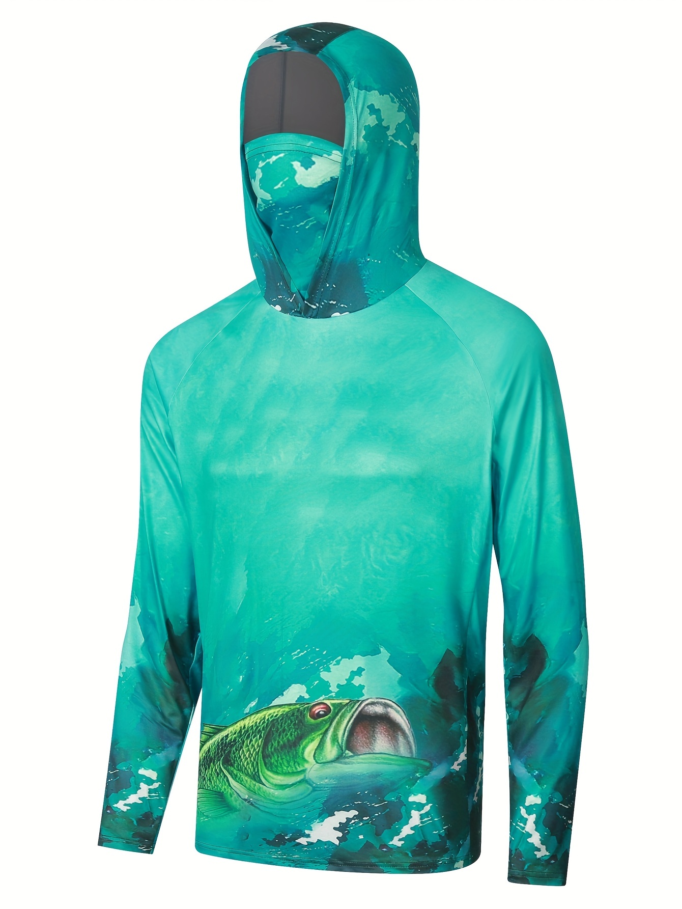 Fish Graphic Pattern Men's Long Sleeve Hooded Sunscreen Rash Guard With  Mask, Lightweight And Breathable Men's Outdoor Fishing Shirt