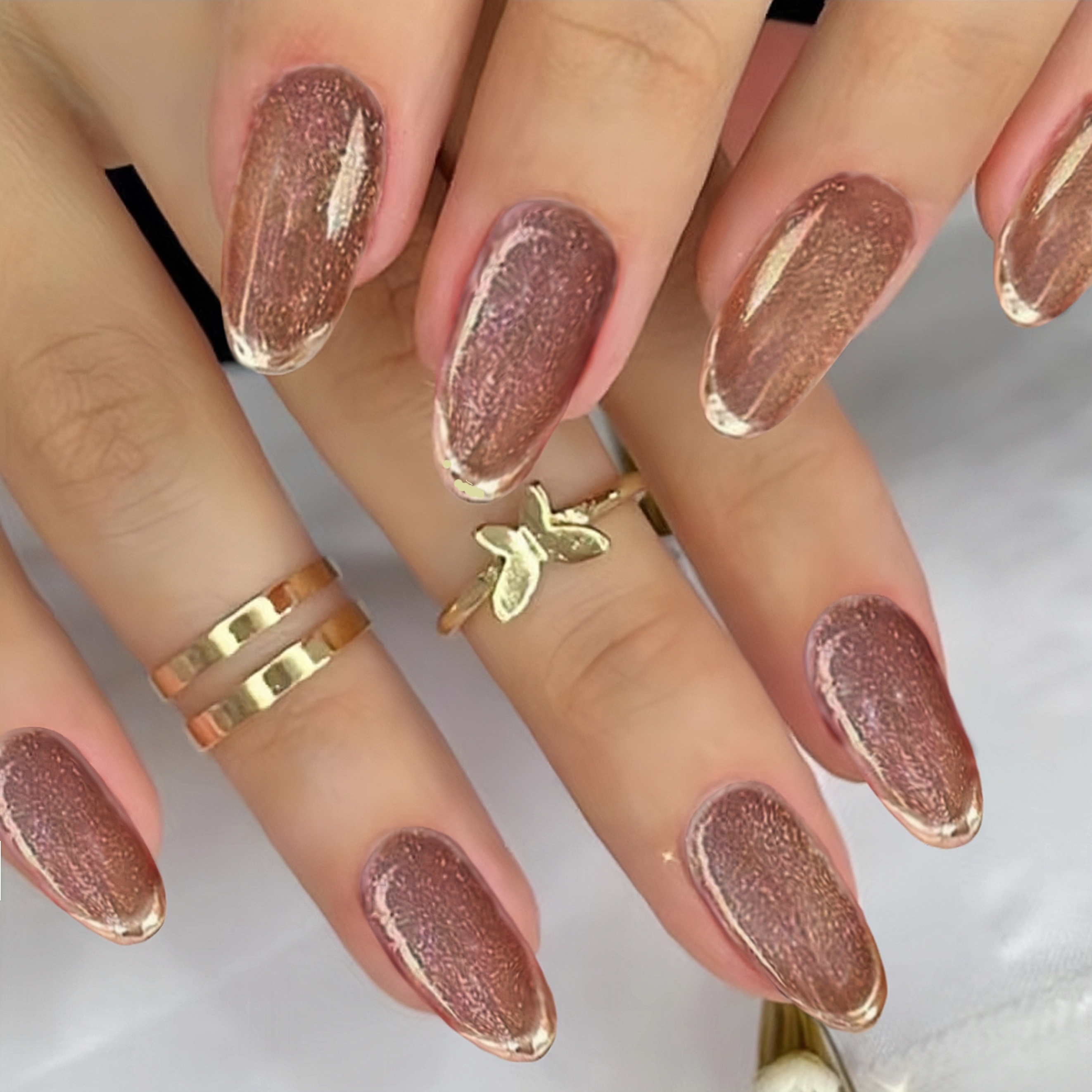 

24pcs Glossy Nude Glitter Press On Nails With Golden Edge And Full Cover Medium Oval Design - Easy To Apply And Remove With Glue Sticker And Nail File - Perfect For Women And Girls
