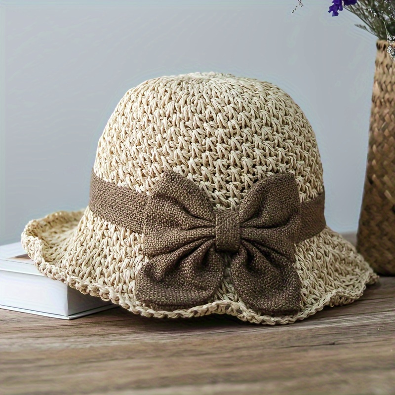 vintage ruffle bowknot straw hat elegant french style sun hats foldable breathable travel beach hats for women details 4