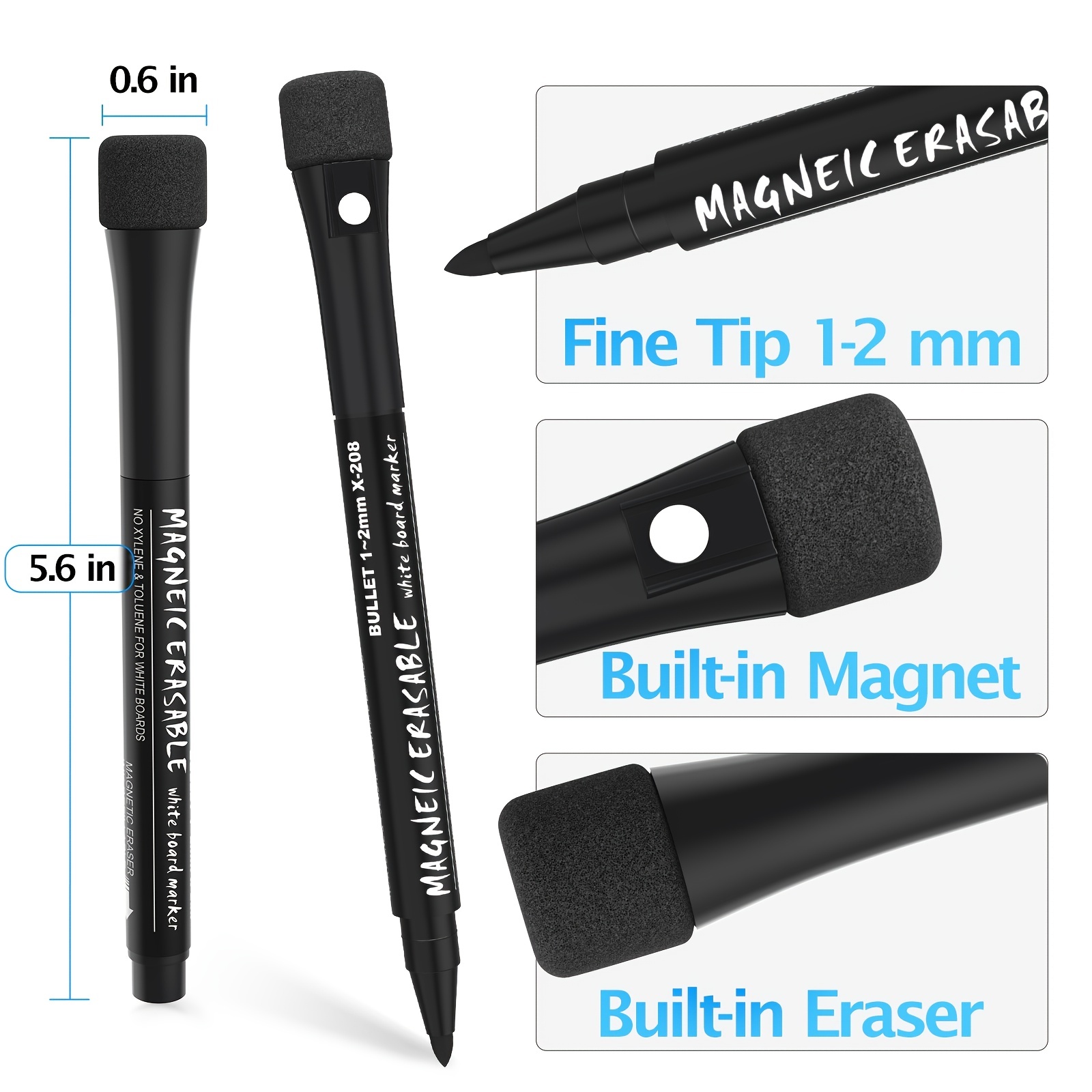 Sunacme Built-In Felt Erasers Magnetic Fine Point Dry Erase Pens, 16-Piece
