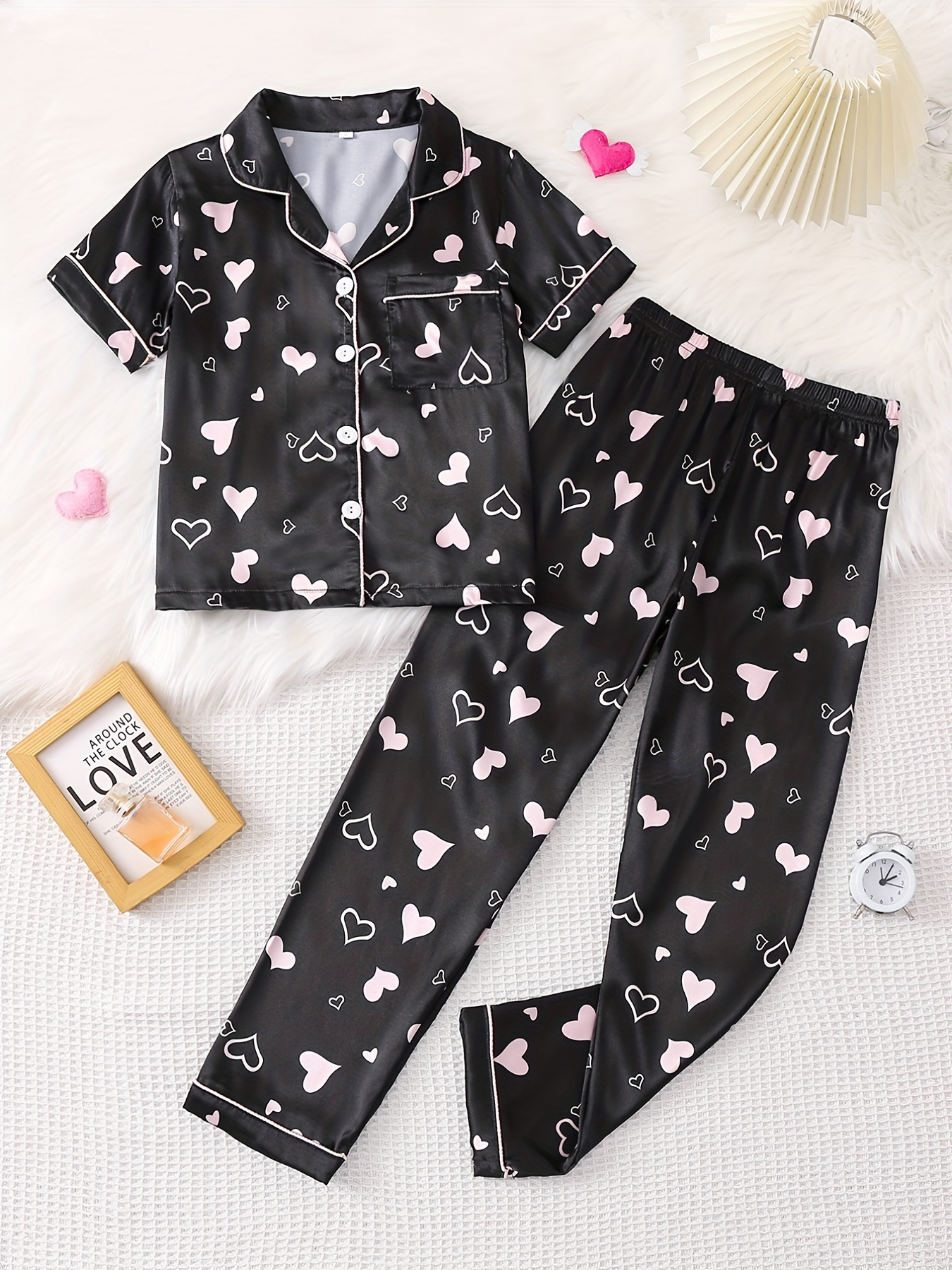 Cartoon Pattern Kid's Satin Pajamas, Button Front Top & Pants Set